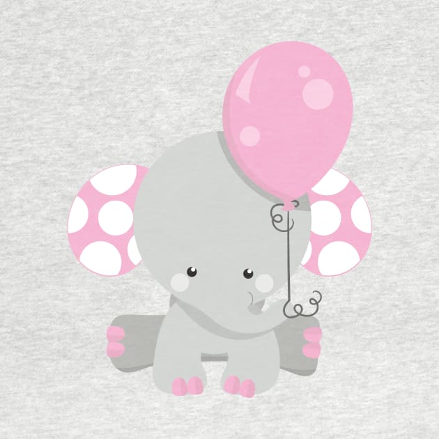 Elephant With Balloon, Cute Elephant - Pink Gray by Jelena Dunčević